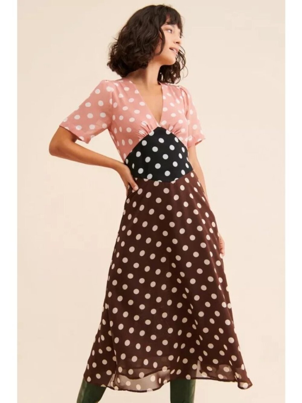 Lisa Says Gah Pink Black Brown Polka Dot Amelia Midi Dress, Size XXL